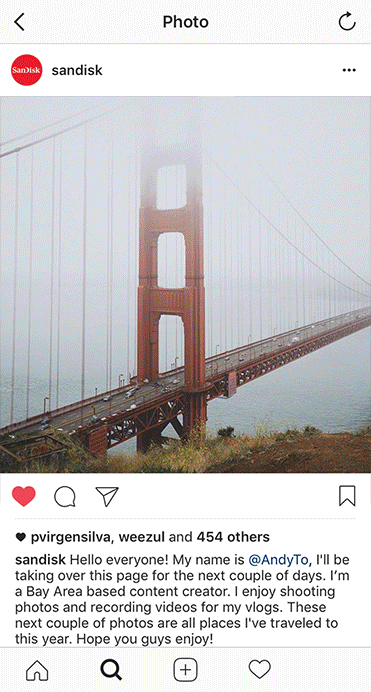 SanDisk Instagram takeover post of the Golden Gate Bridge