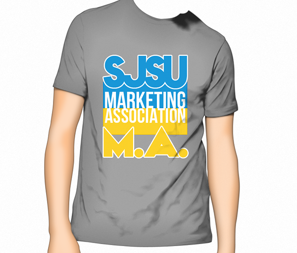 Gray SJSU Marketing Association shirt in blue and gold