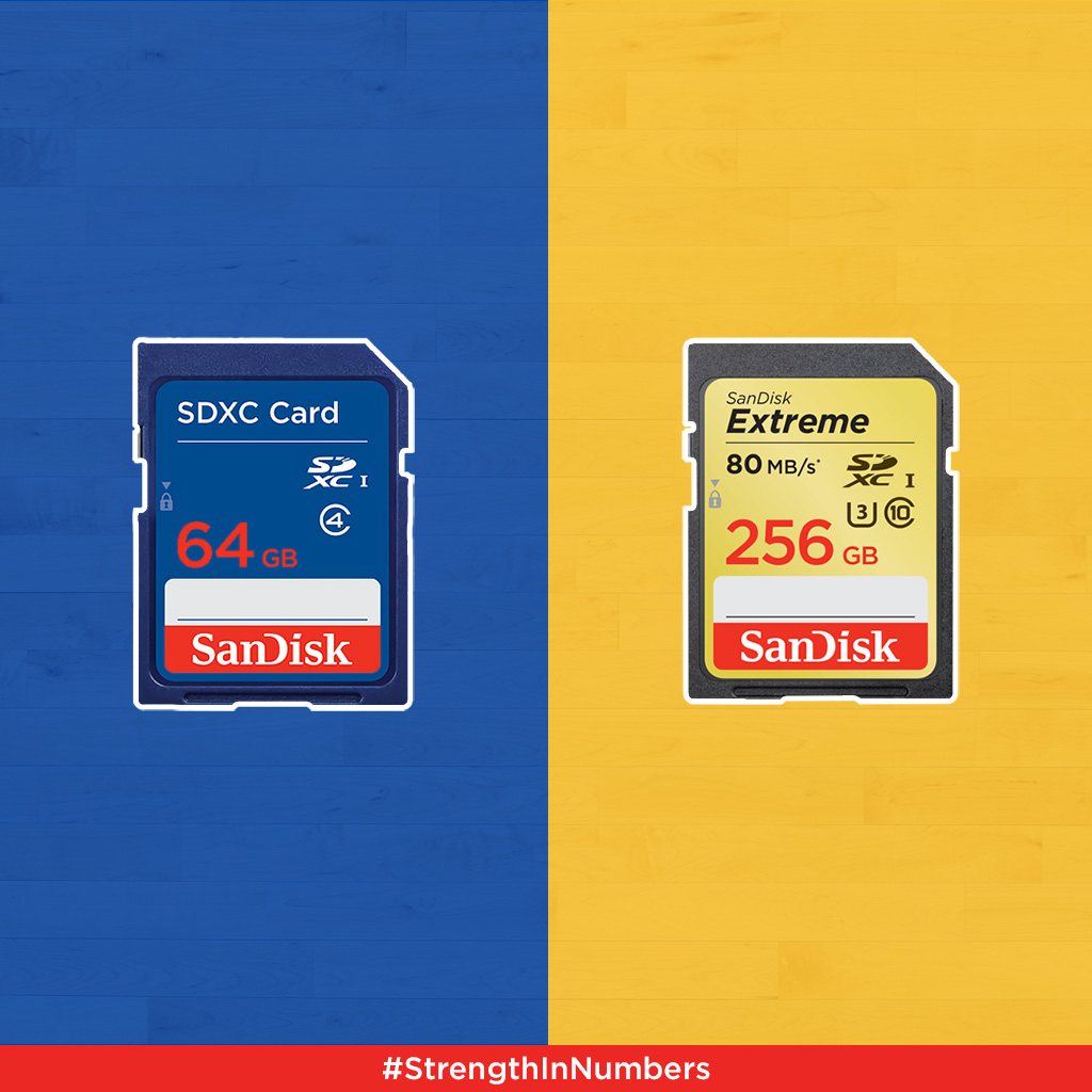 Blue and gold SD cards with #StrengthInNumbers