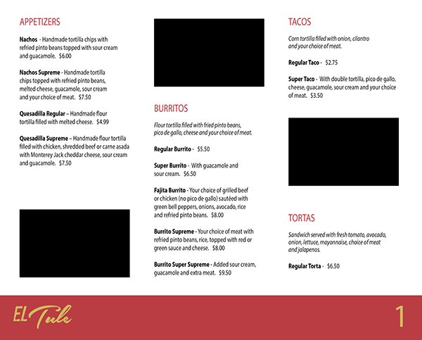El Tule menu book page 1