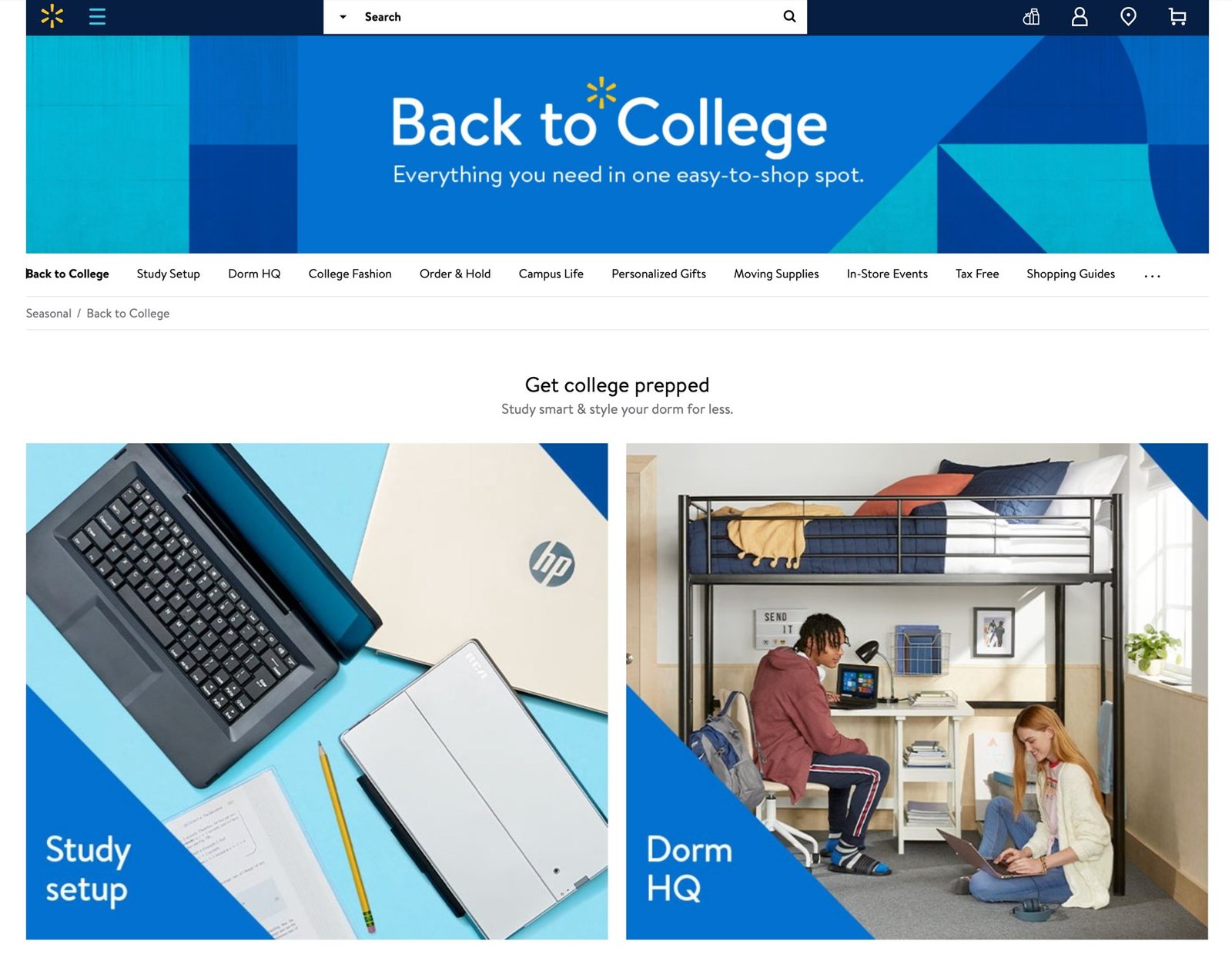 Back to College page with study setup and dorm photos