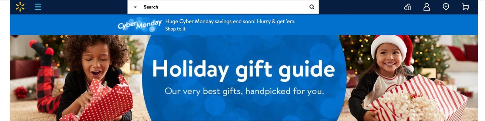 Holiday gift guide banner with kids opening gifts